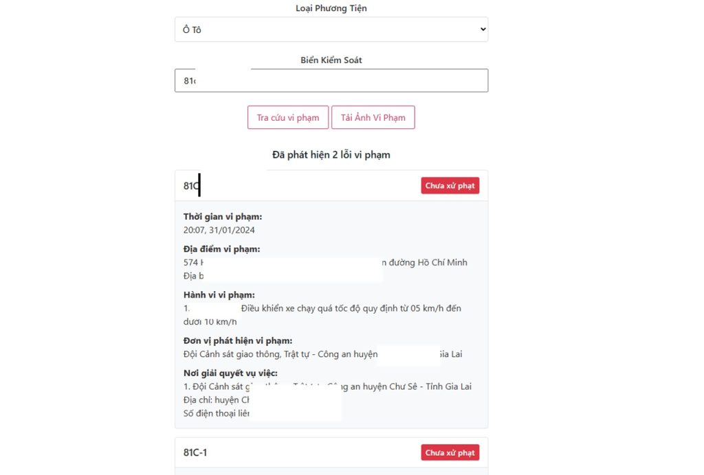 HÌnh ảnh lỗi vi phạm giao thông khi được chẹck trên TCPN APP